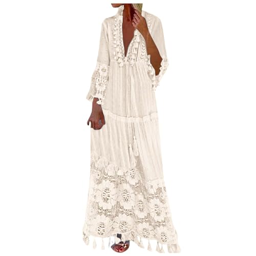 Langes Kleid Damen 3/4 Ärmel V-Ausschnitt Maxikleid Sommerkleid Vintage Boho Hippie Kleid lang Floral Party...