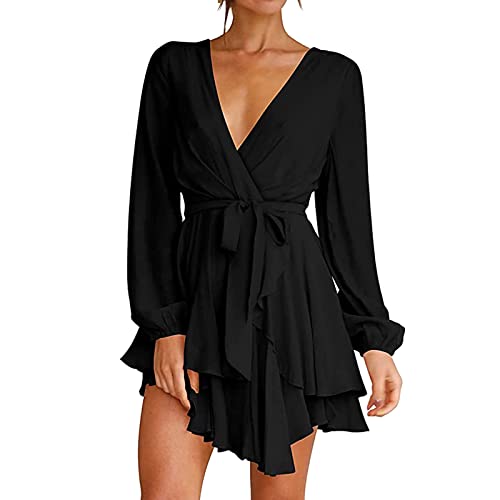 Damen Partykleid Schwarz Sommerkleid Klassisches A-Linie Kleid Langarm mit Tiefem V-Ausschnitt Sexy Schulterfreies Boho...