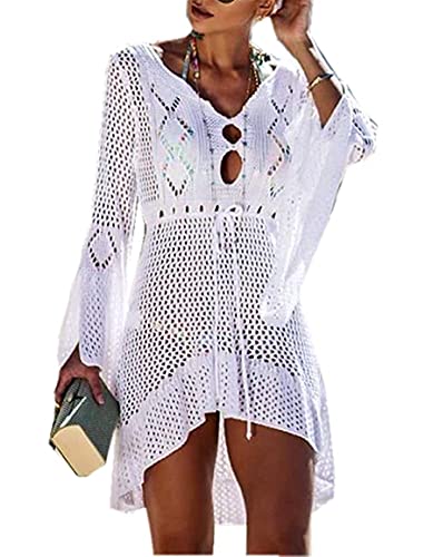 Jinsha Gestrickte Bikini Cover Up Strandponcho Strandkleid für Damen Sommer Pareos (White)