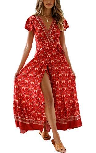 ECOWISH Damen Kleider Boho Sommerkleid V-Ausschnitt Maxikleid Kurzarm Strandkleid Lang mit Schlitz Weinrot M