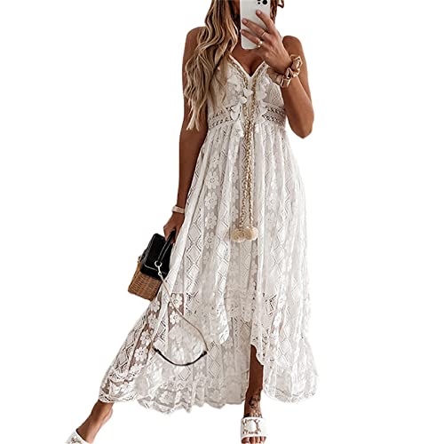 Felcia Langes Damenkleid mit Spitze, Vintage, tiefer V-Ausschnitt, rückenfrei, Strandkleid, lässig, unregelmäßiger...
