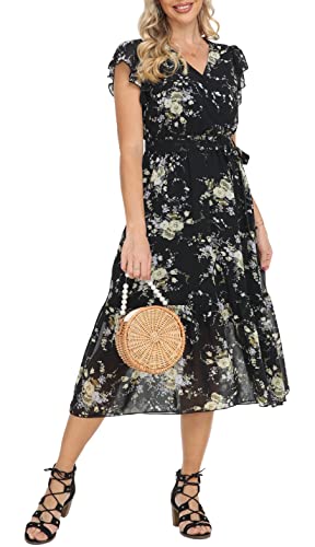 Damen Casual Midi Kleid Blumenwickel V-Ausschnitt Chiffon Kleider A-Linie Plissiertes Kleid mit Gürtel