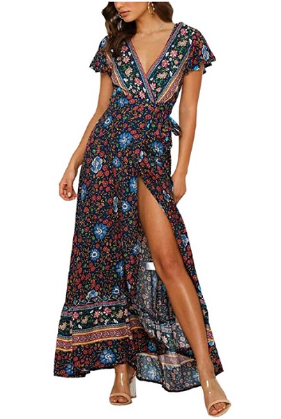 Boho Kleid 70er Jahre Hippie Kleid bunt lang Blumenmuster Strandkleid