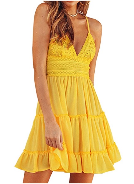 Boho Kleid Bohemian Kleid gelb kurz Hippie Kleid 70er Jahre Kleid Sommerkleid Strandkleid