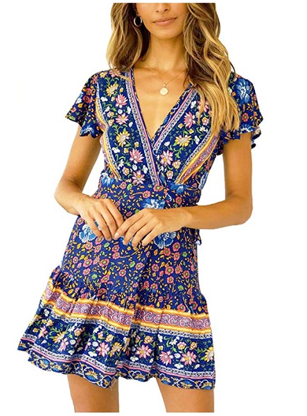 Boho Kleid blau Damen Hippie Kleid 70er Jahre Kleid Sommerkleid Strandkleid